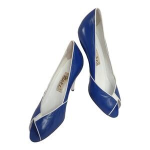 NERI Vintage Blue Pumps Size 39 Retro Business Workwear US Size 8 Peep Toe Heels